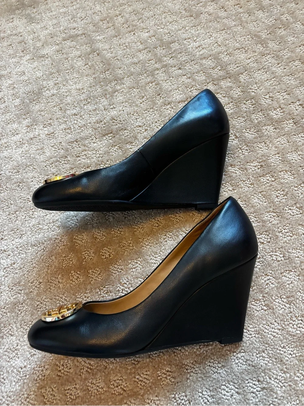 Tory Burch Black Leather Closed Toe Wedge with Gold Logo Disc size 7